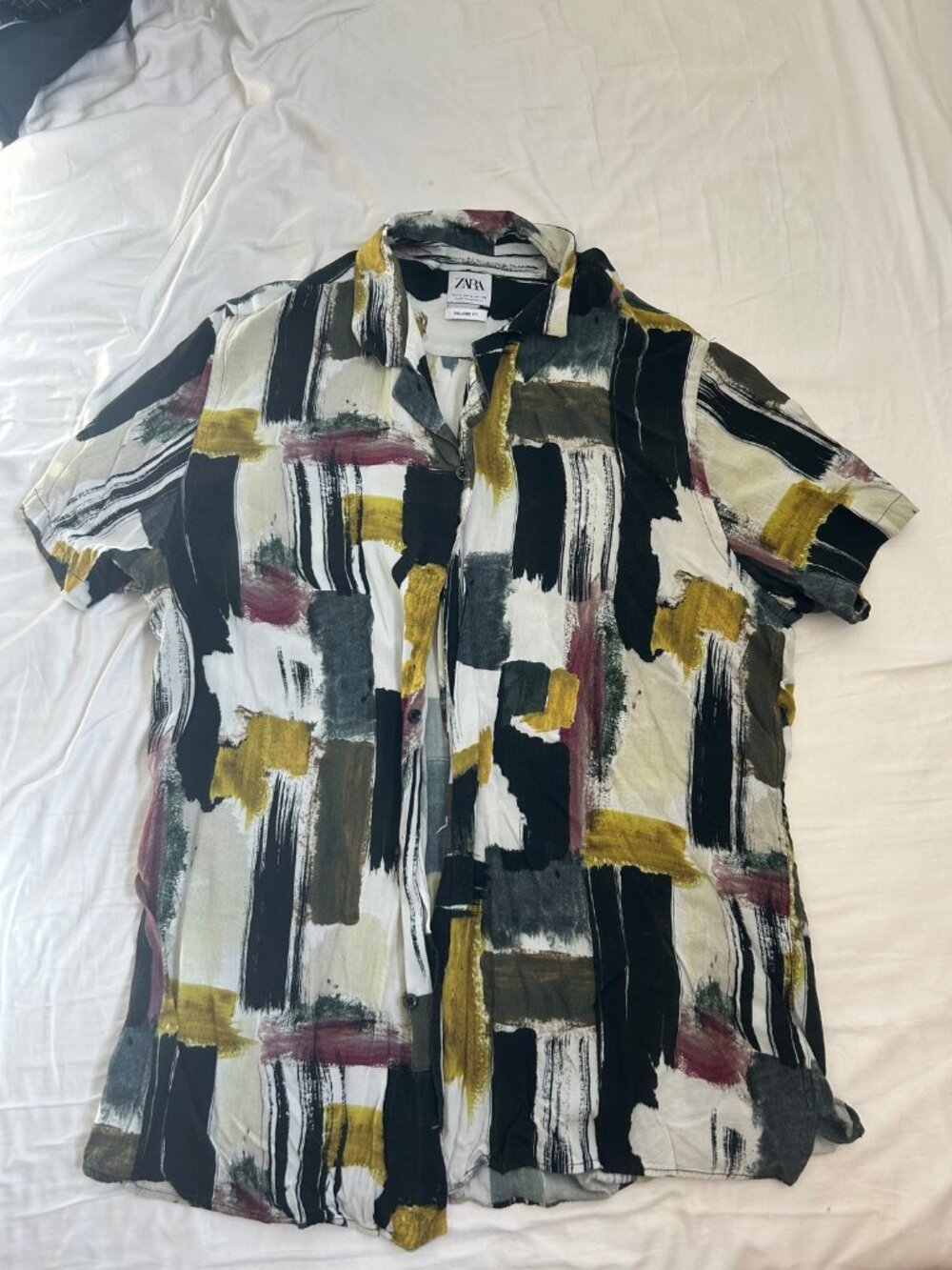 Zara Mens Abstract Print Short Sleeve Button Up Shirt L Relaxed Fit